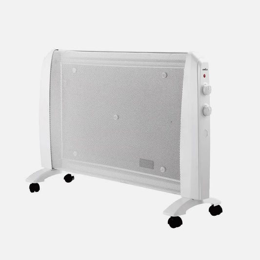 RADIADOR DE MICA ABRIGO 2000W 1ELEMENTO BLANCO 2POTENCIAS ANTIVUELCO,RUEDAS,TERMOSTATO REG.54X79X27CM
