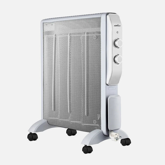 RADIADOR DE MICA ABRIGO 2000W 4ELEMENTOS BLANCO/PLATA 2POTENCIAS ANTIVUELCO,LUZ IND.TERMOSTATO REG.61,5X56X26,5 CM